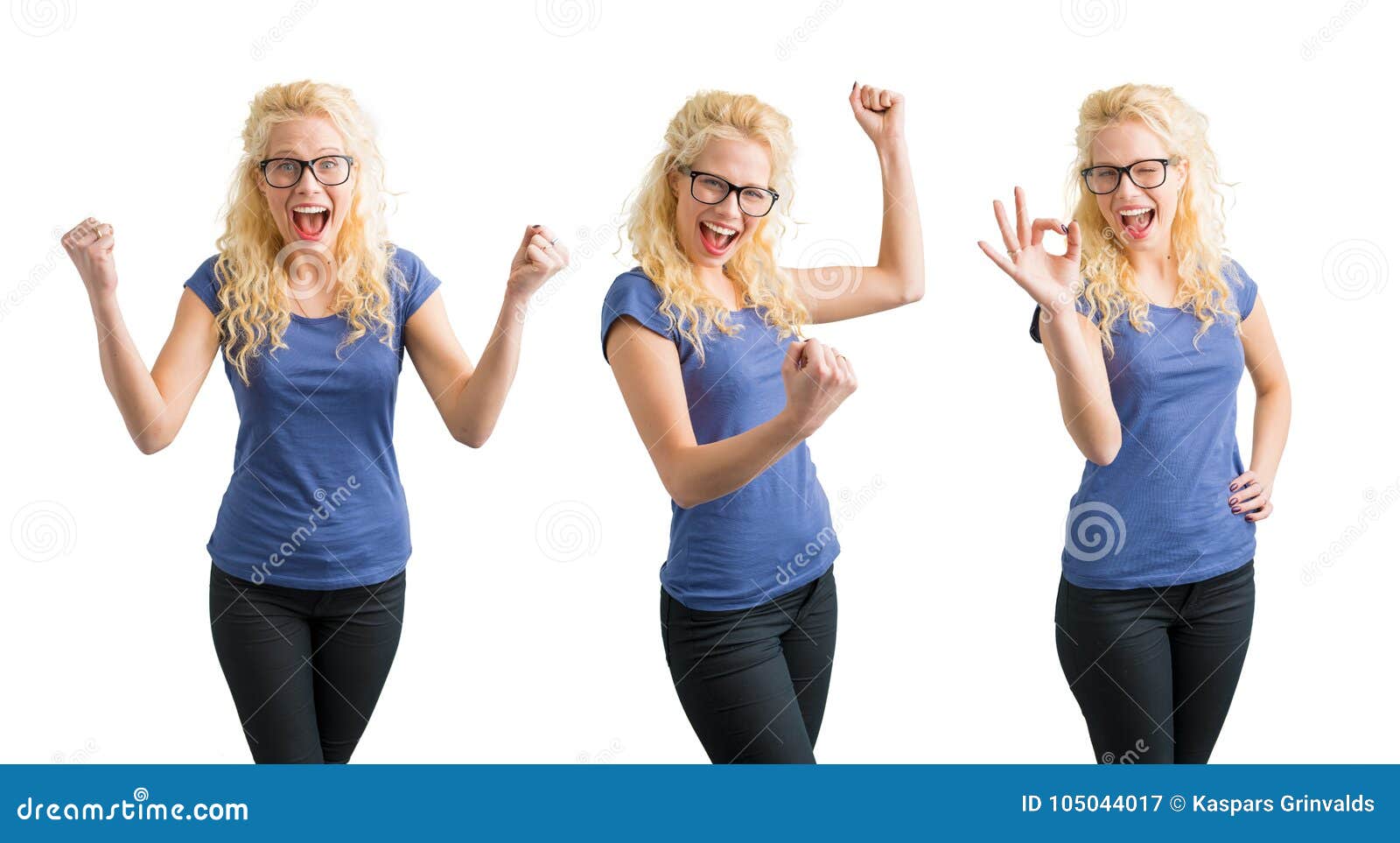 woman celebrating her succes in 3 different ways