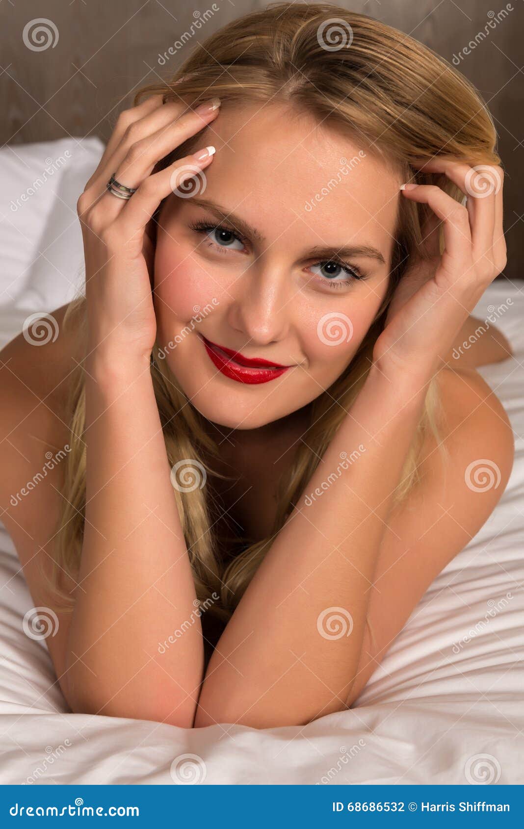 Blonde in bed stock photo. Image of woman, topless, shot - 68686532