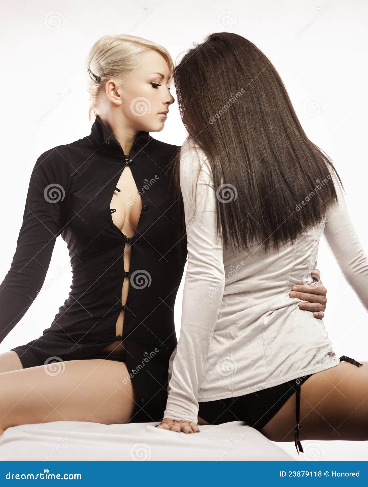 Blonde and brunette portrait. Double sensual portrait of blond and brunette