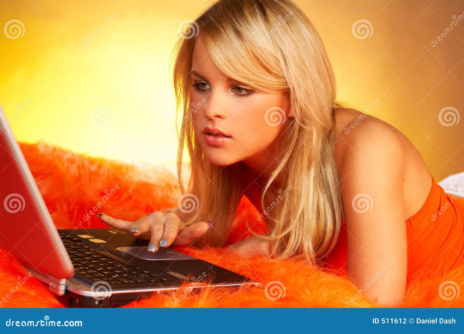 Blonde Computer Laptop Sexy Using Στοκ Εικόνες εικόνα από 511612