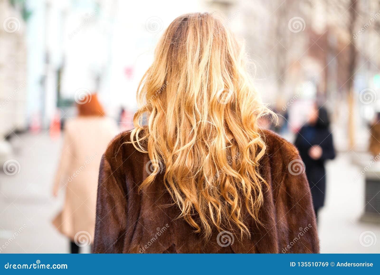 Blonde Curly In Fur Coat Walking Autumn Street Healthy Wavy Hair