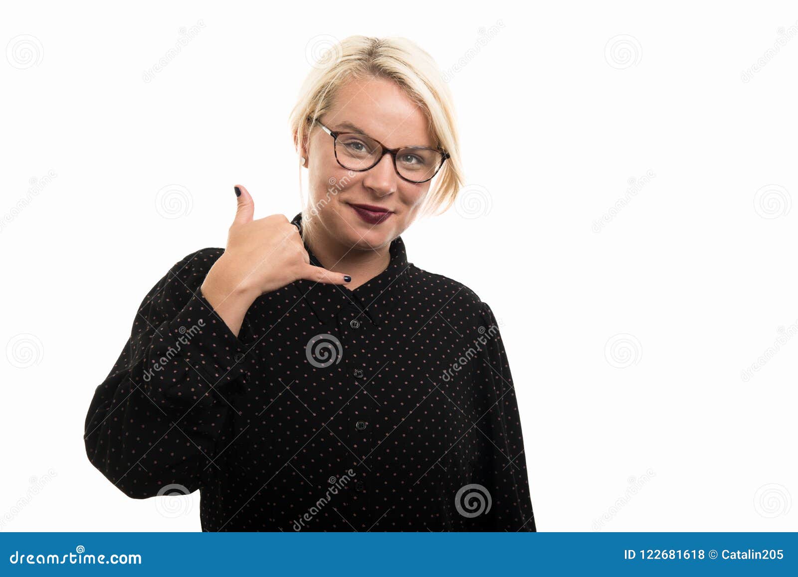 Blonde Female Teacher Wearing Glasses Showing Call Me