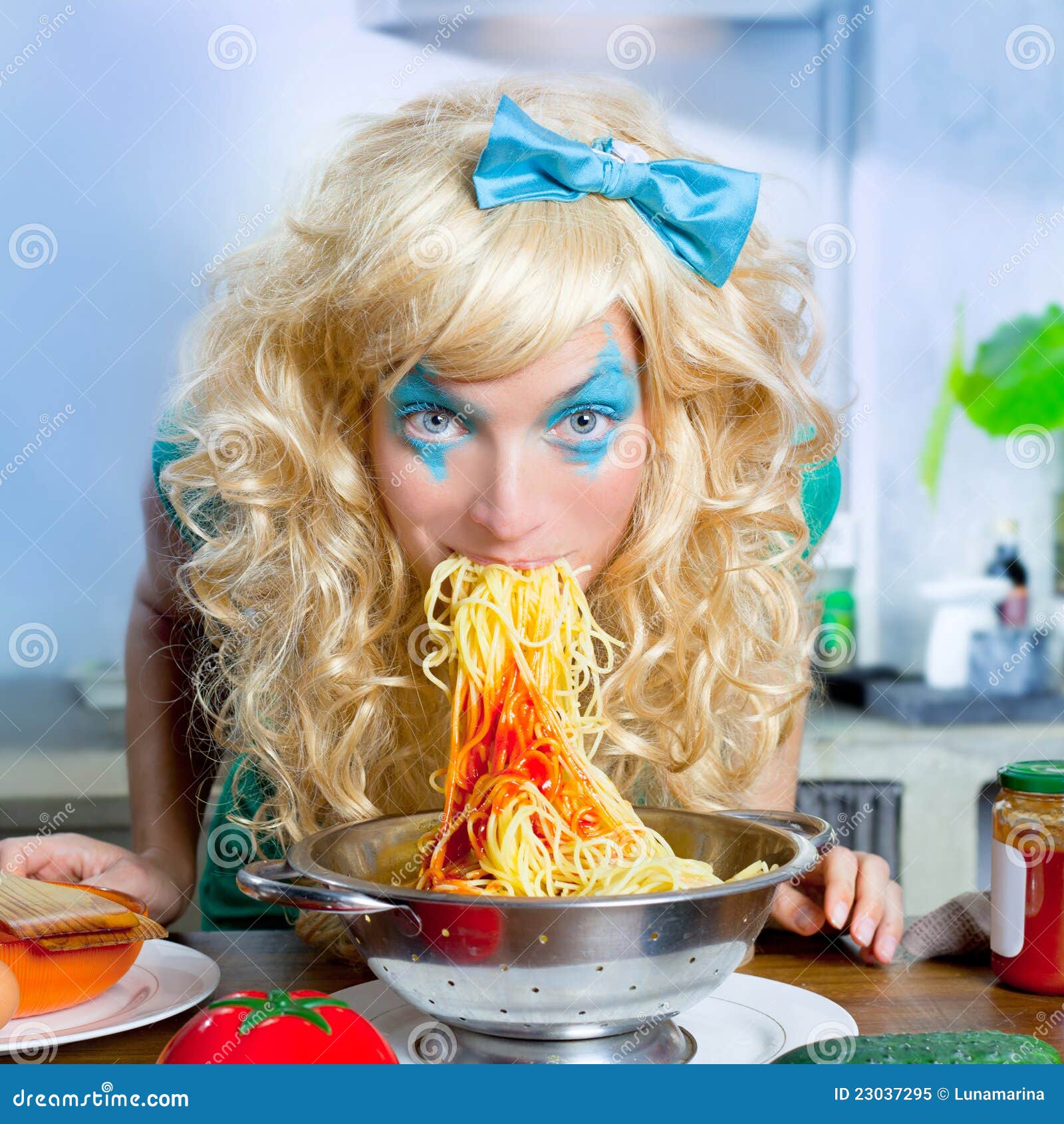 Blonde Funny on Kitchen Eating Pasta Like Crazy Stock Image Image of