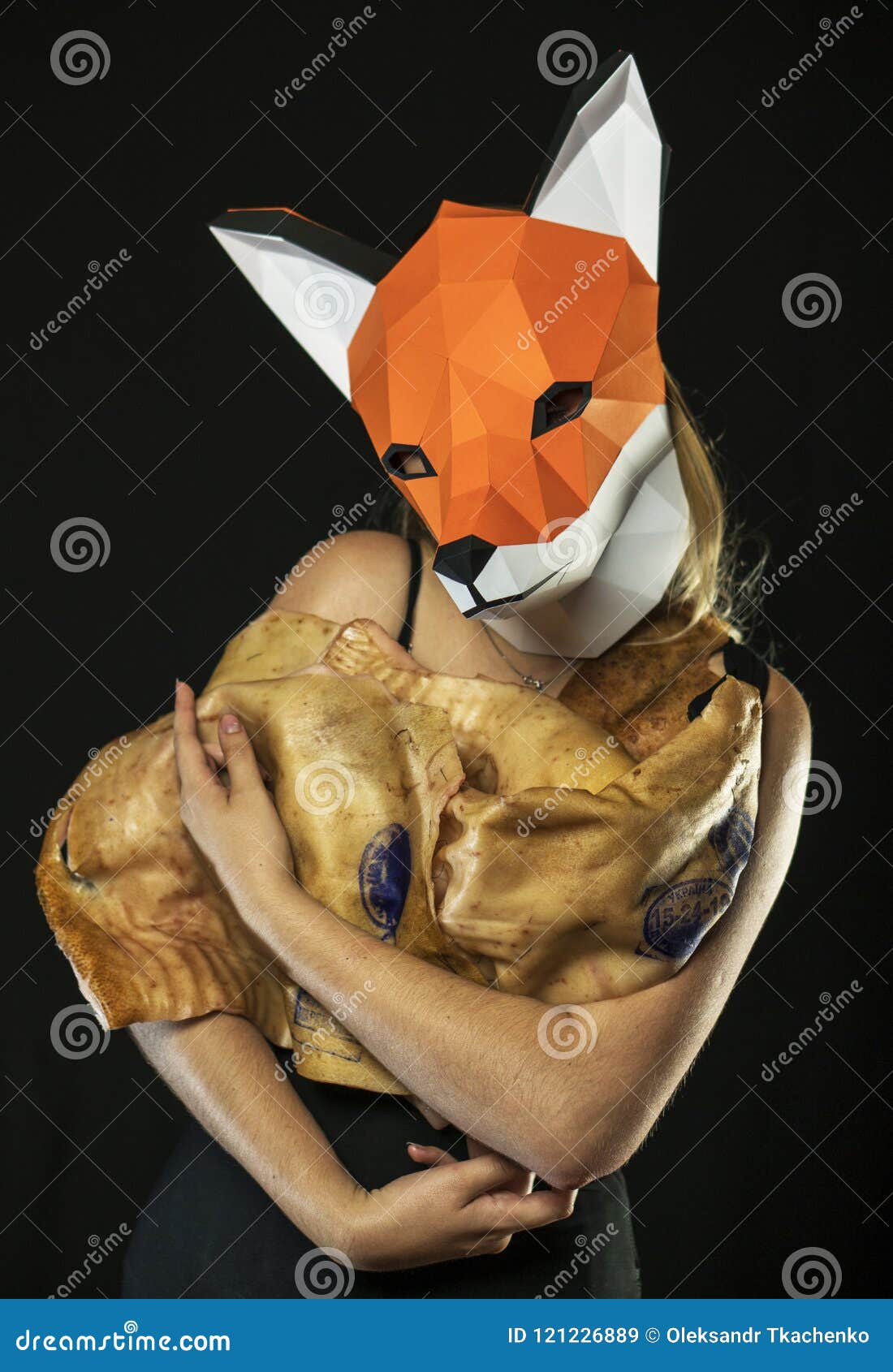 Blonde Girl with Fox Mask Paper Using Pig Skin for Covering. Dead Animal  Consumer Stock Image - Image of blanket, identity: 121226889