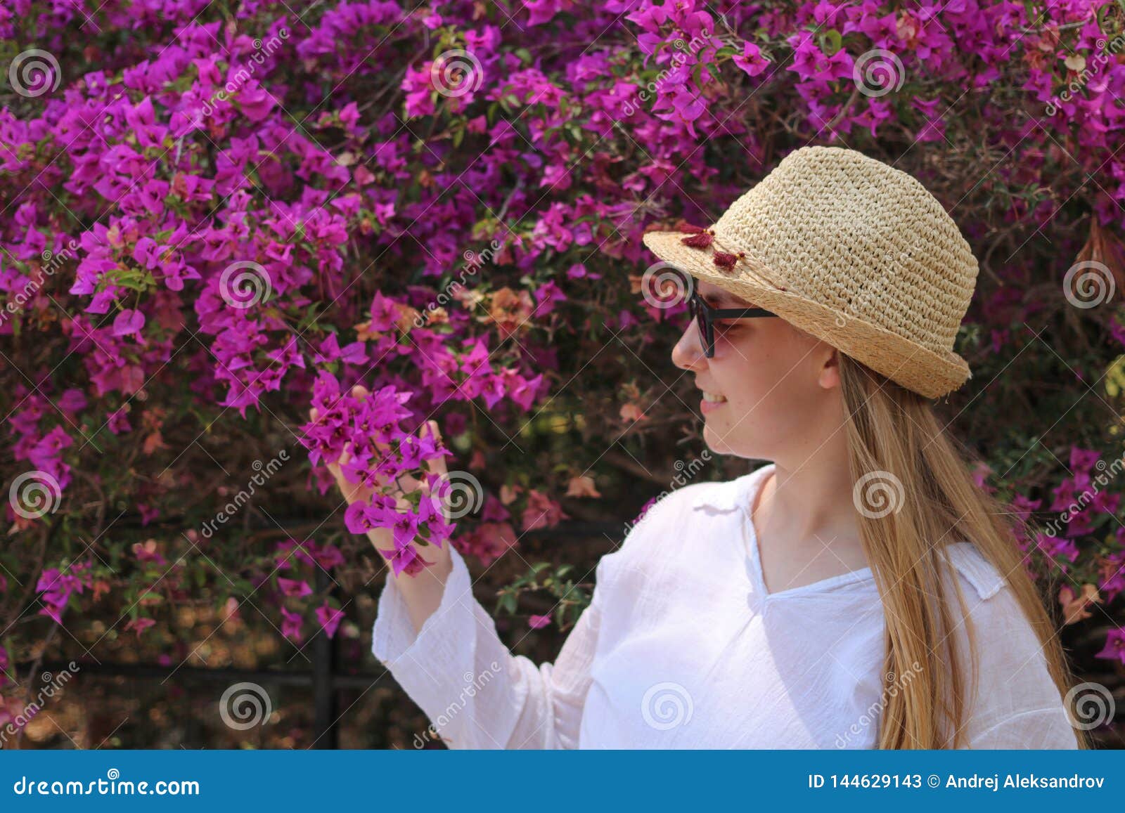 Blonde Girl Posing and Watching Bougainvillea Stock Image - Image of ...