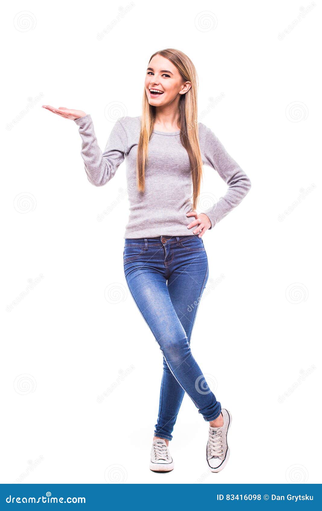 Blonde Girl Show Invisible Product on White Background Stock Photo ...