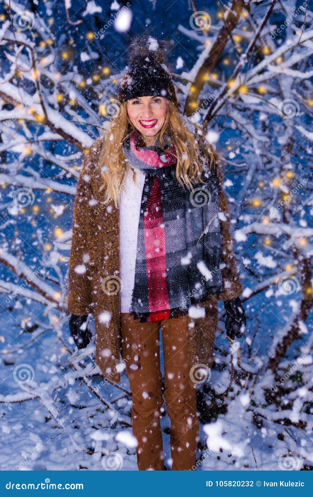 Blonde Girl, Snowflakes and the Christmas Lights Stock Photo - Image of ...