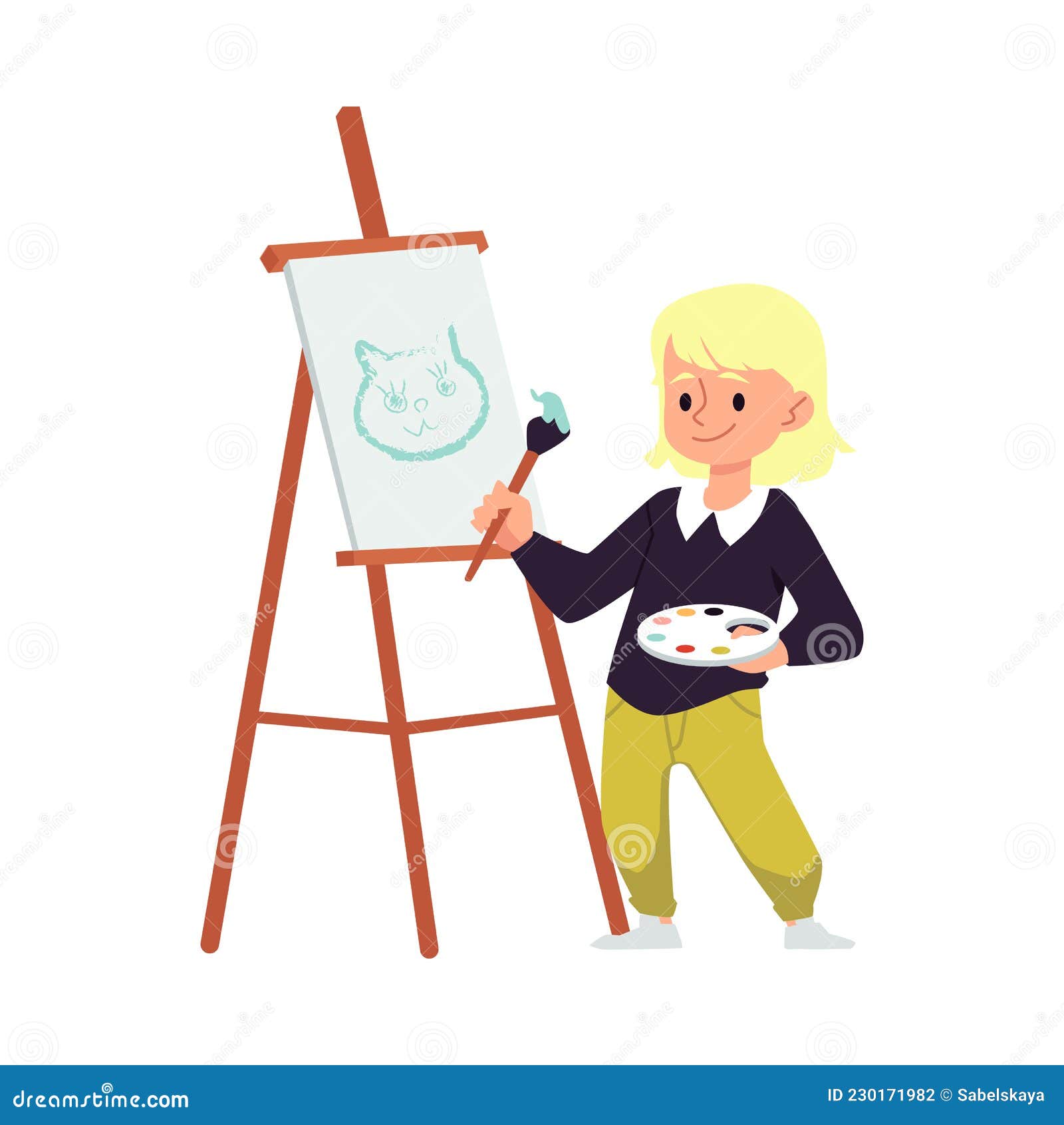 Blonde Girl Standing Behind Easel Painting, Isolated Flat Vector ...