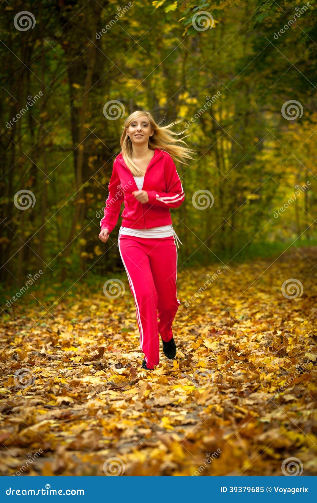 Blonde Girl Young Woman Running Jogging in Autumn Fall Forest Park ...