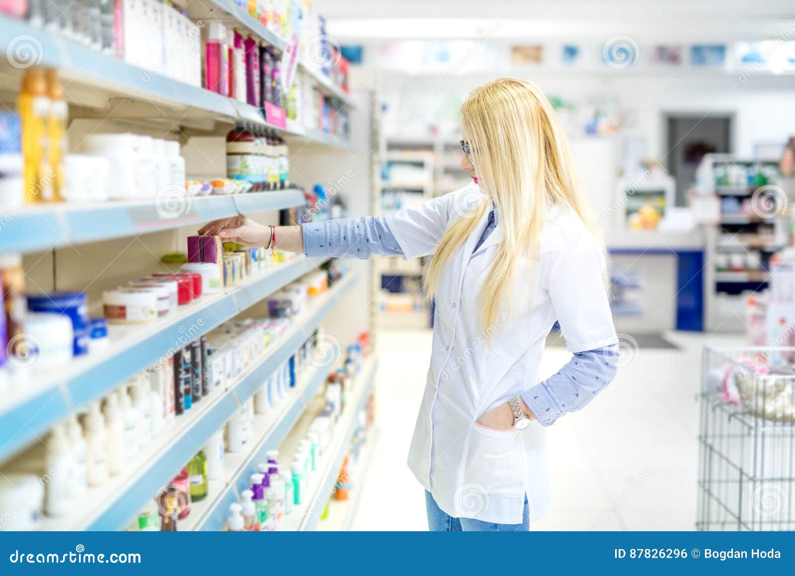 blonde pharmacist selling antibiotics and prescription drugs. pharmaceutical medical details