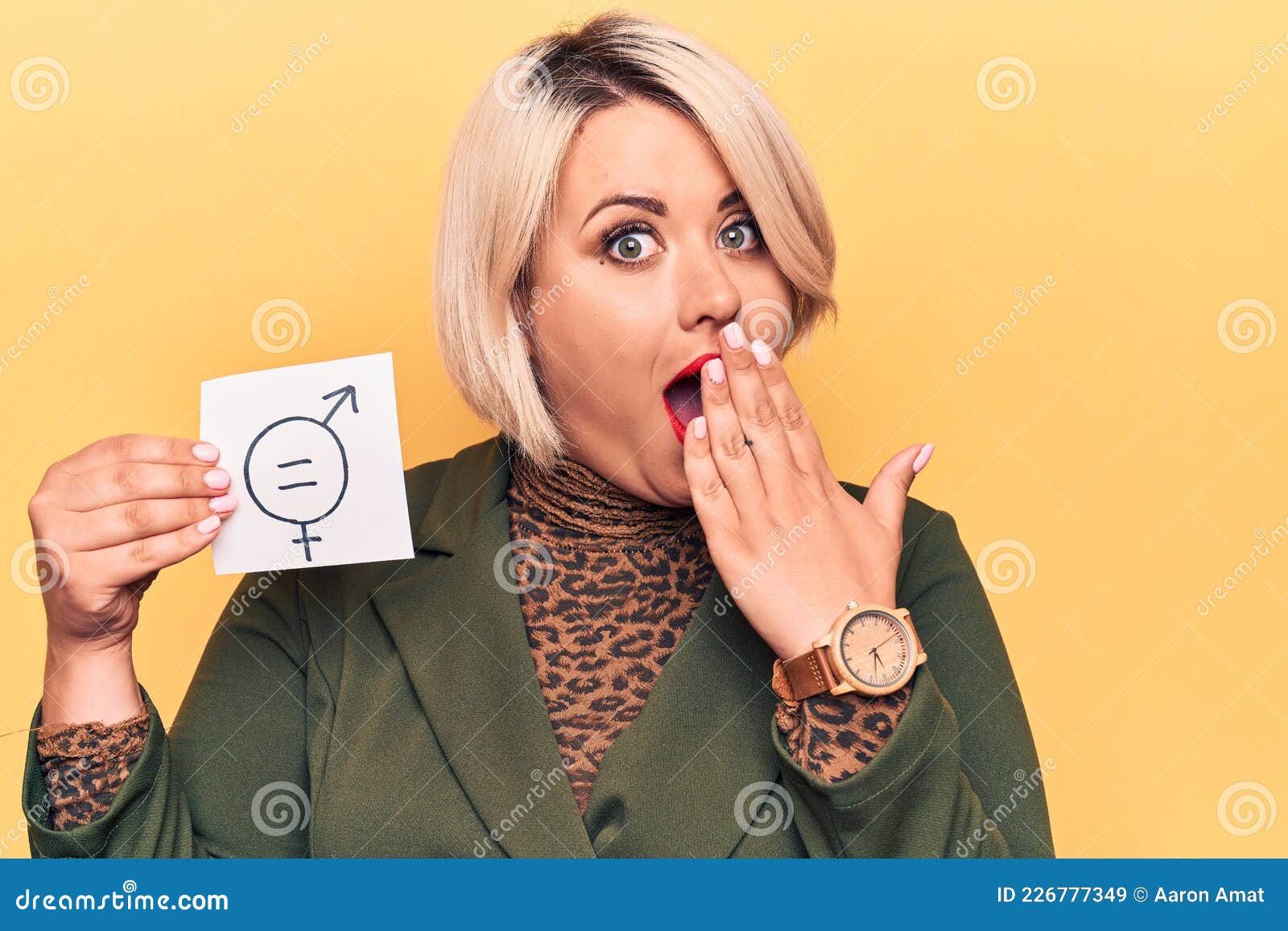 Blonde Plus Size Woman Asking for Sex Equality Holding Paper with Gender Equal Message Covering Mouth with Hand, Shocked and Stock Image