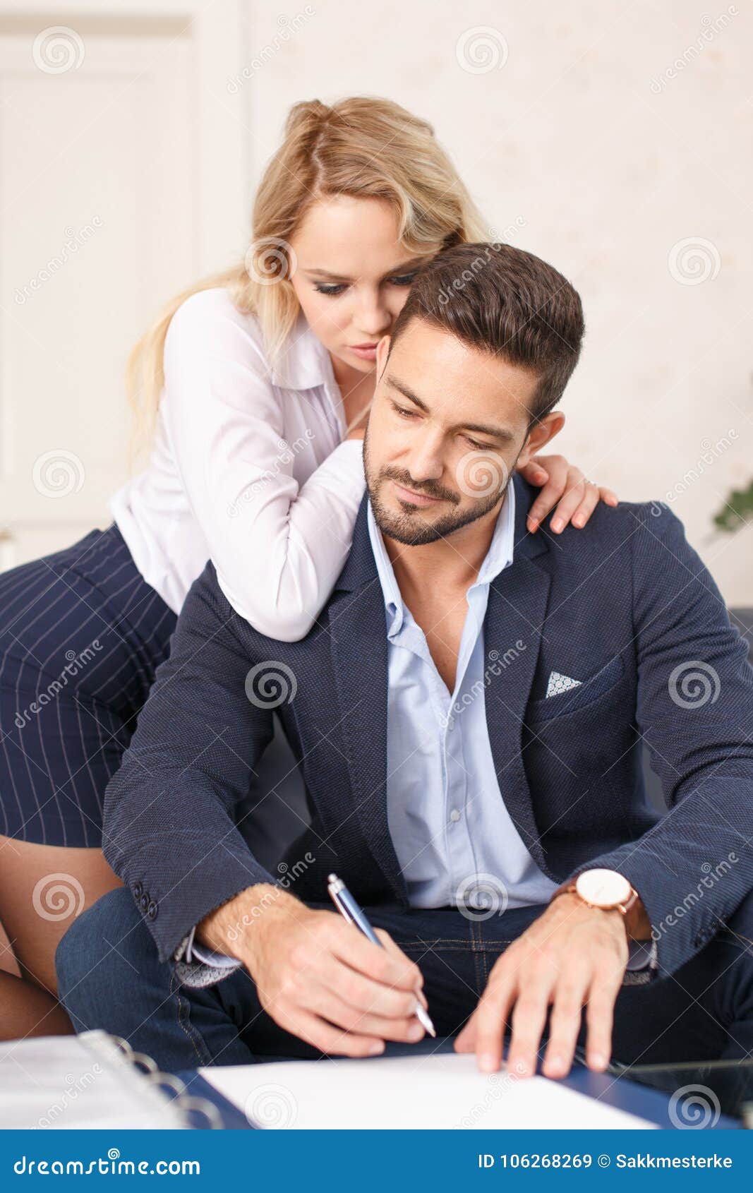 Blonde Secretary Lover Seducing Rich Boss in Office, Whispering, Mind Control Stock Image pic