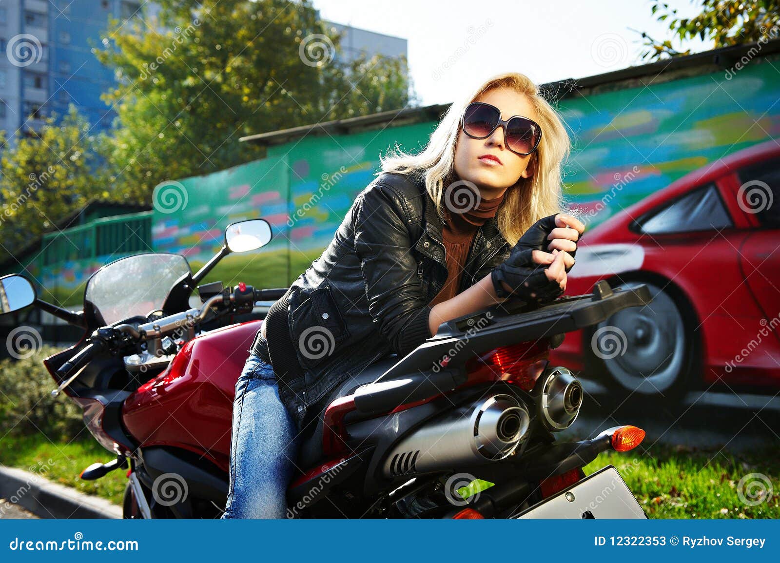 Blonde Sits about a Red Motorcycle Stock Image - Image of motorcycle ...