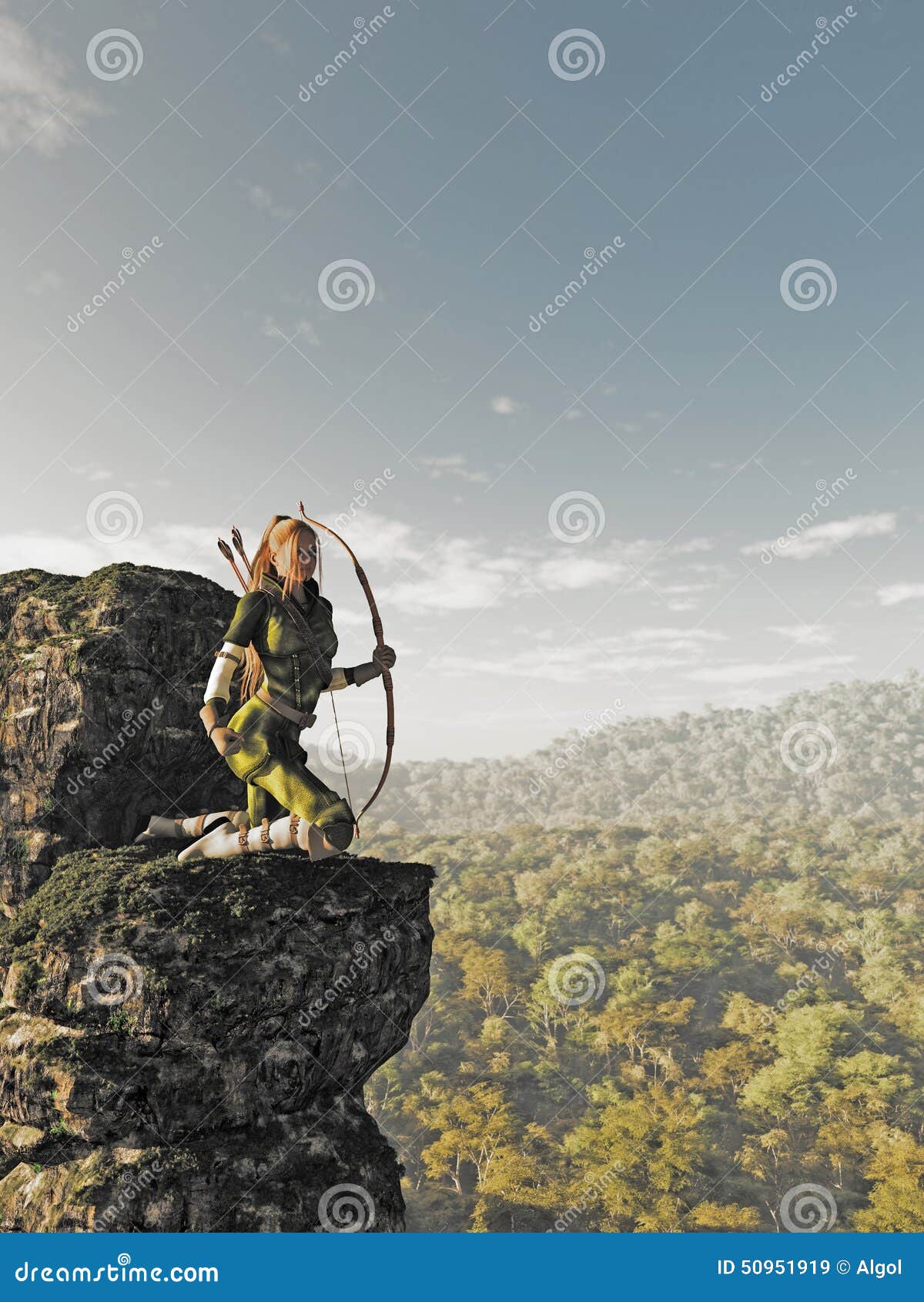 Blonde Vrouwelijk Elf Archer boven het Bos. De fantasieillustratie van een schutter van het blonde vrouwelijke elf met boog en pijlen kleedde zich in groen en bruin, knielend aan de kant van een rotsachtige klip en houdend horloge boven de bos, 3d digitaal teruggegeven illustratie