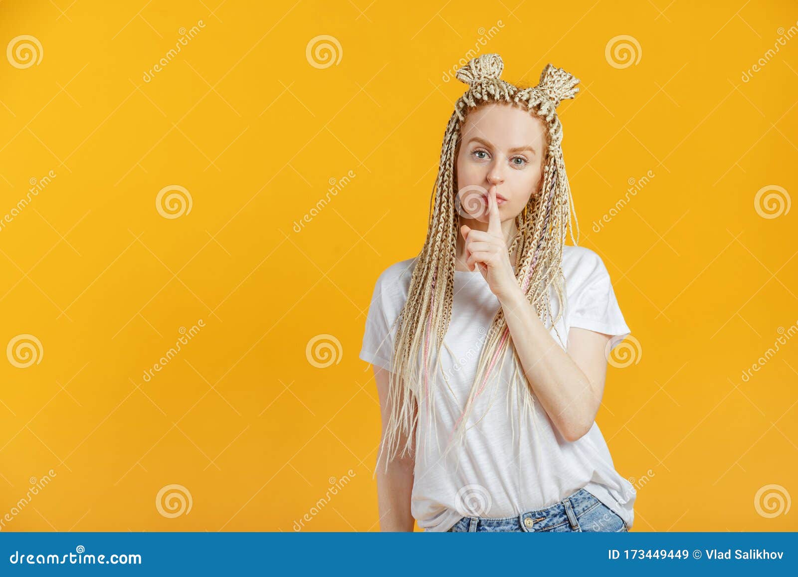 Blonde Woman Gesturing Hush To Be Quiet Secret Concept Beautiful 