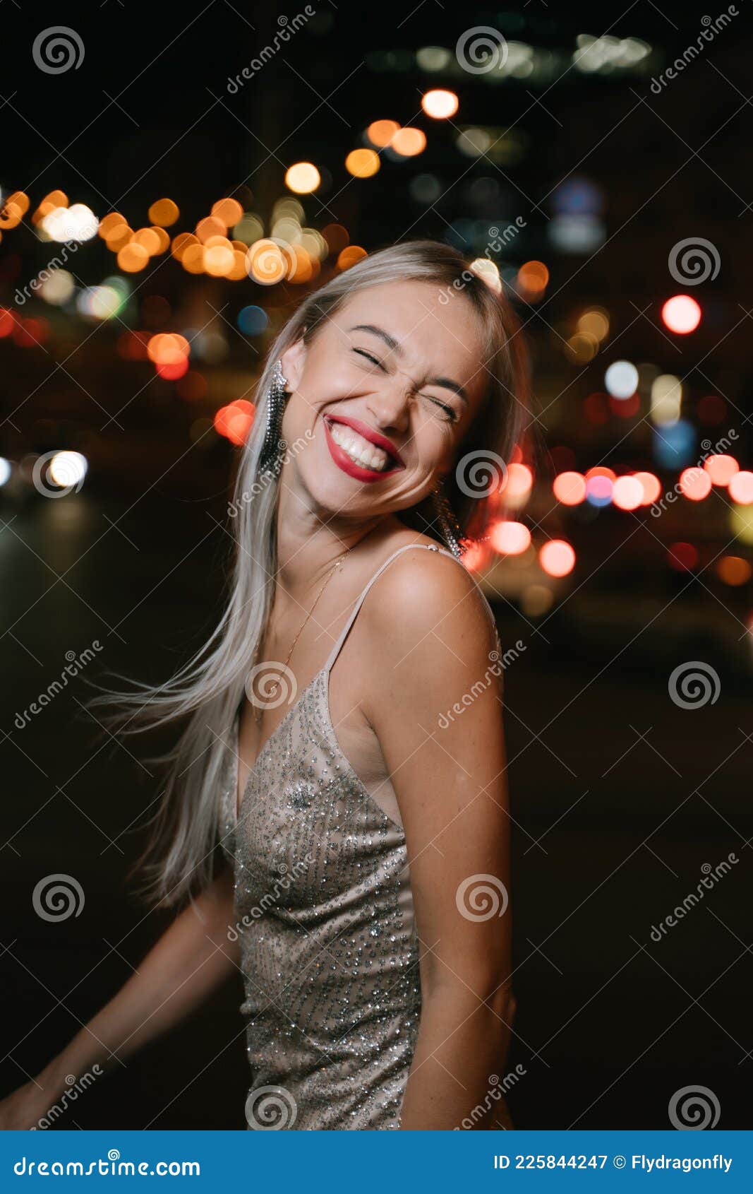 Blonde Woman Having Fun at Night City Street. Stock Image - Image of ...