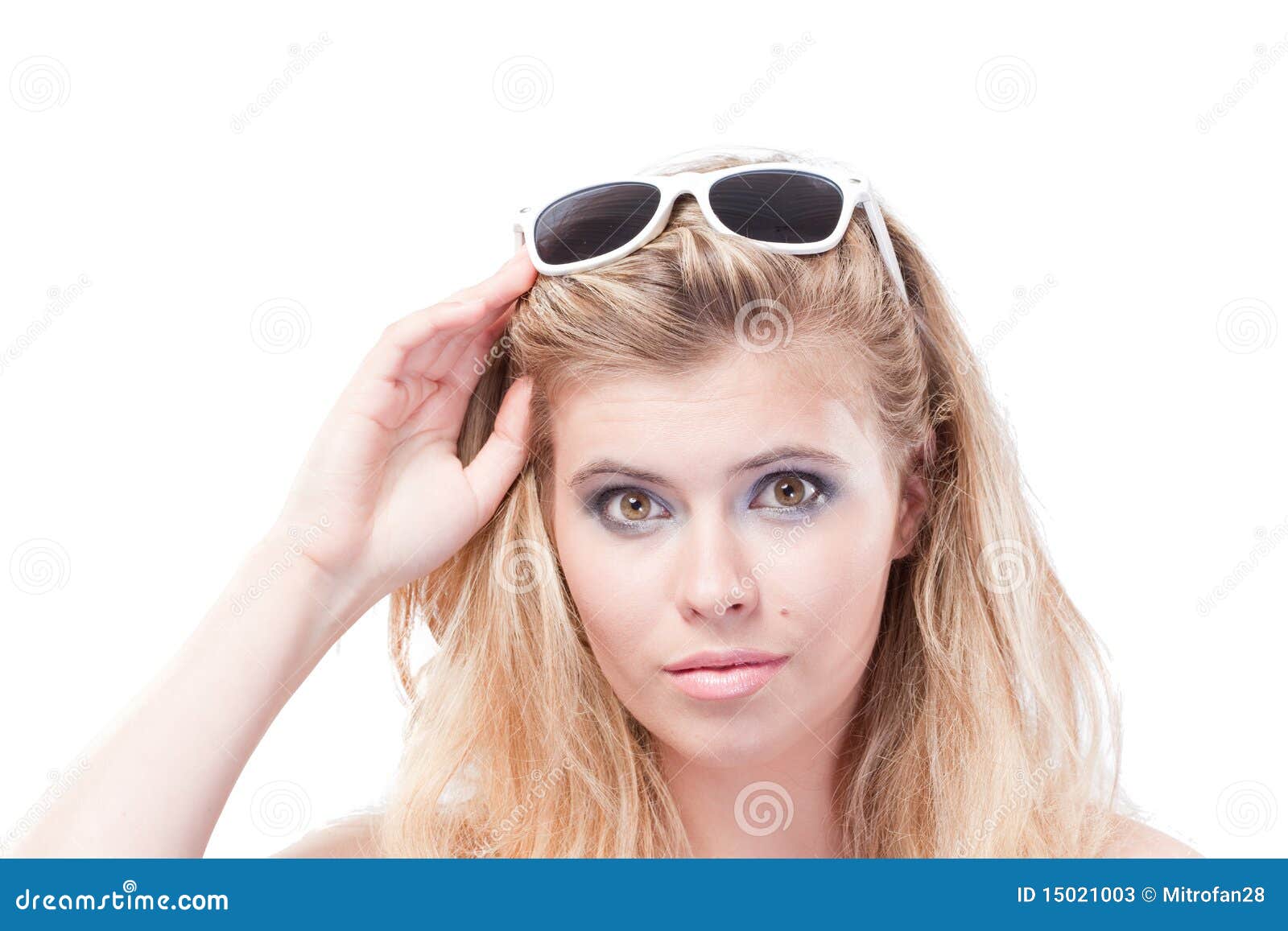Blonde Woman Holding Glasses on Head Stock Image Image of clean