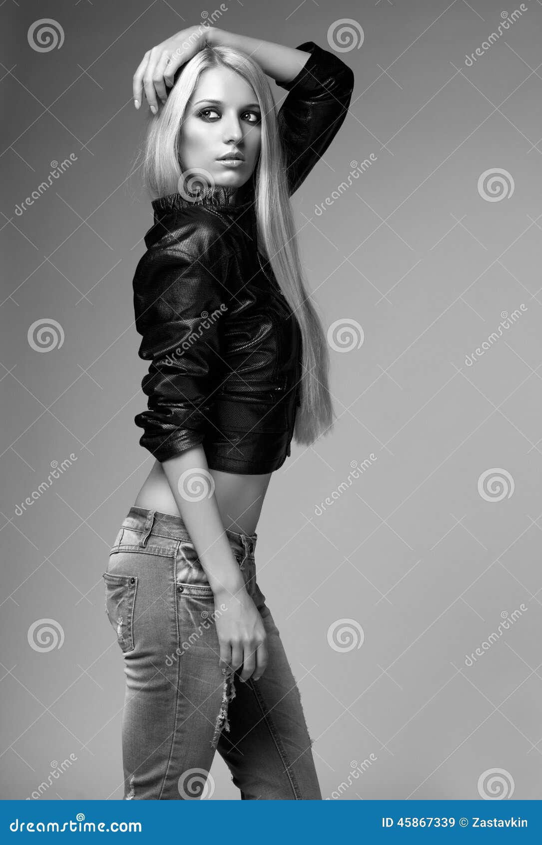 Blonde Woman in Ragged Jeans and Jacket Stock Image - Image of legs ...