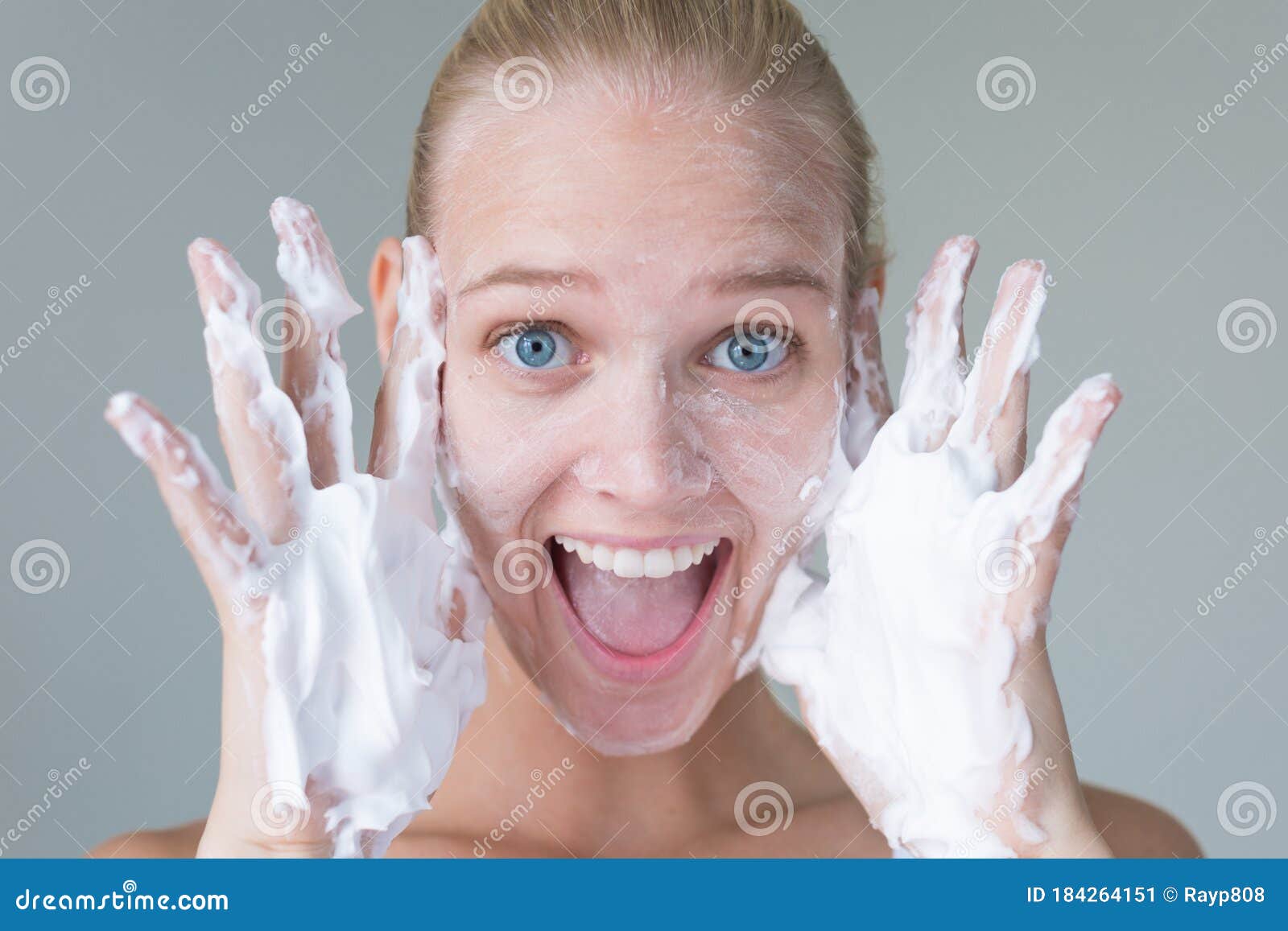 Beautiful Woman Washing Her Face with Water and Suds Smiling. Hygiene ...