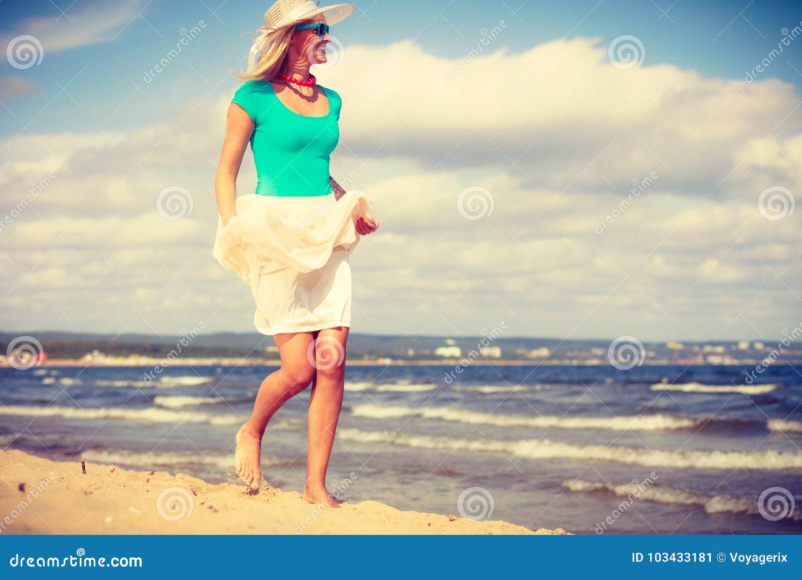 Blonde Woman Wearing Dress Walking On Beach Stock Image Image Of Woman Relaxation 103433181