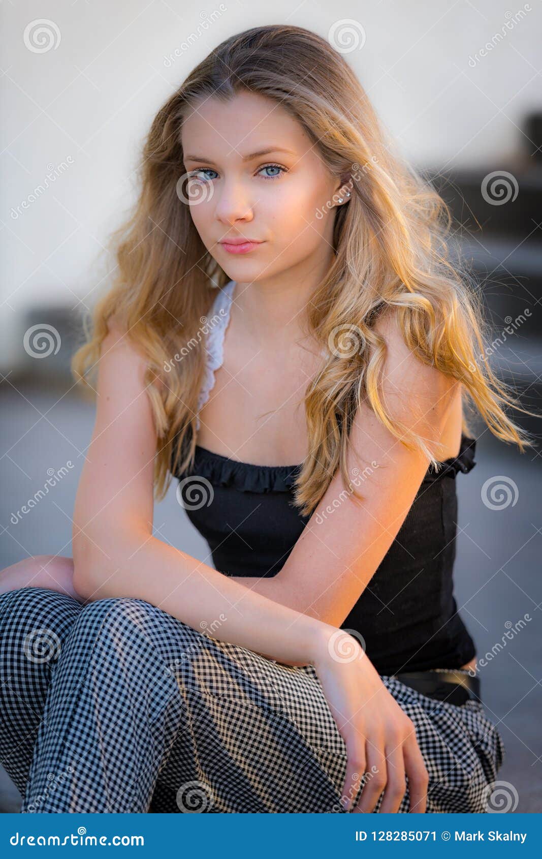 Blond Teen Girl Sitting On Steps Stock Image Image Of Blue C