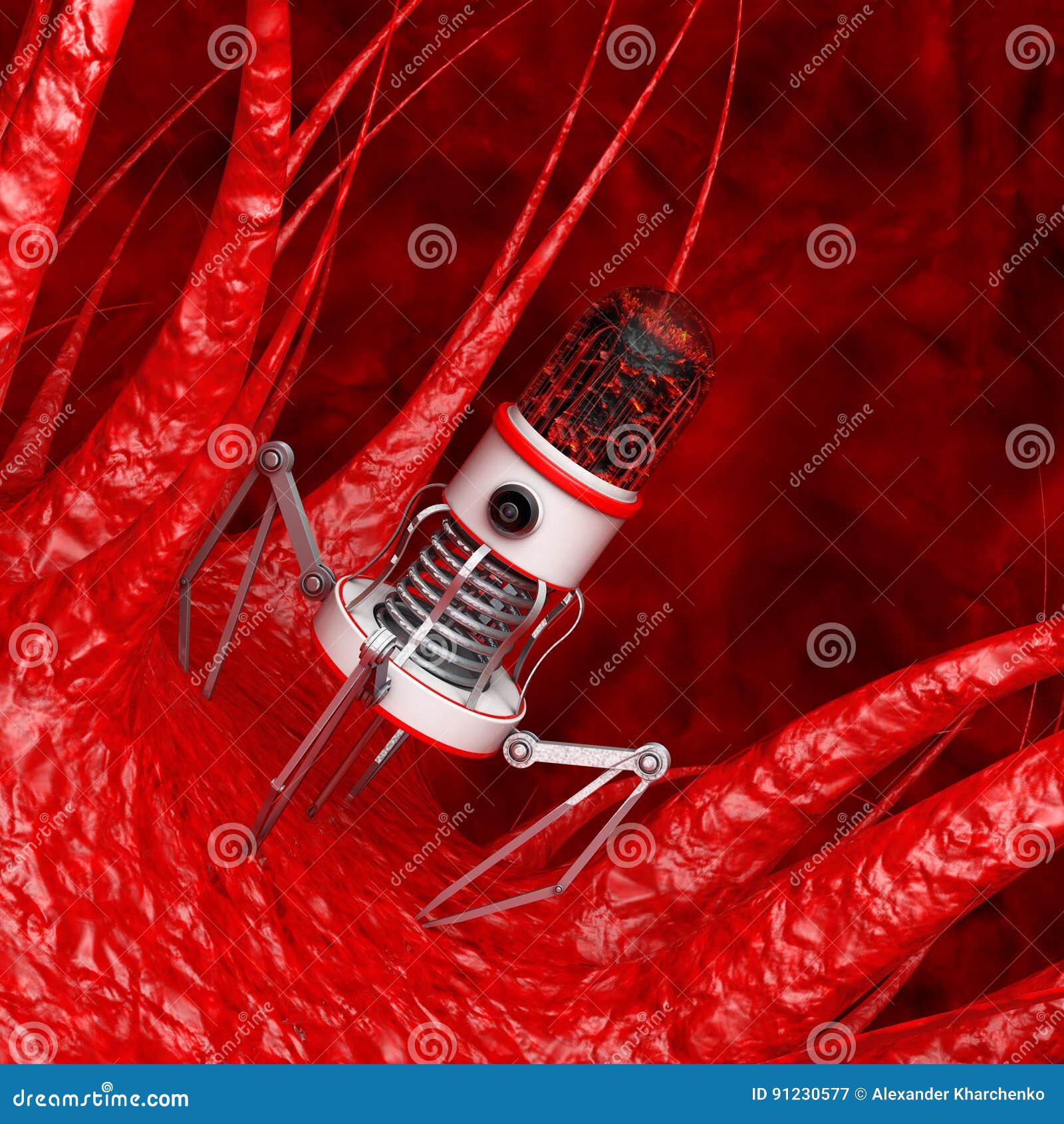 Blood Nano Robot with Camera, Claws and Needle Over Virus, Bacteria