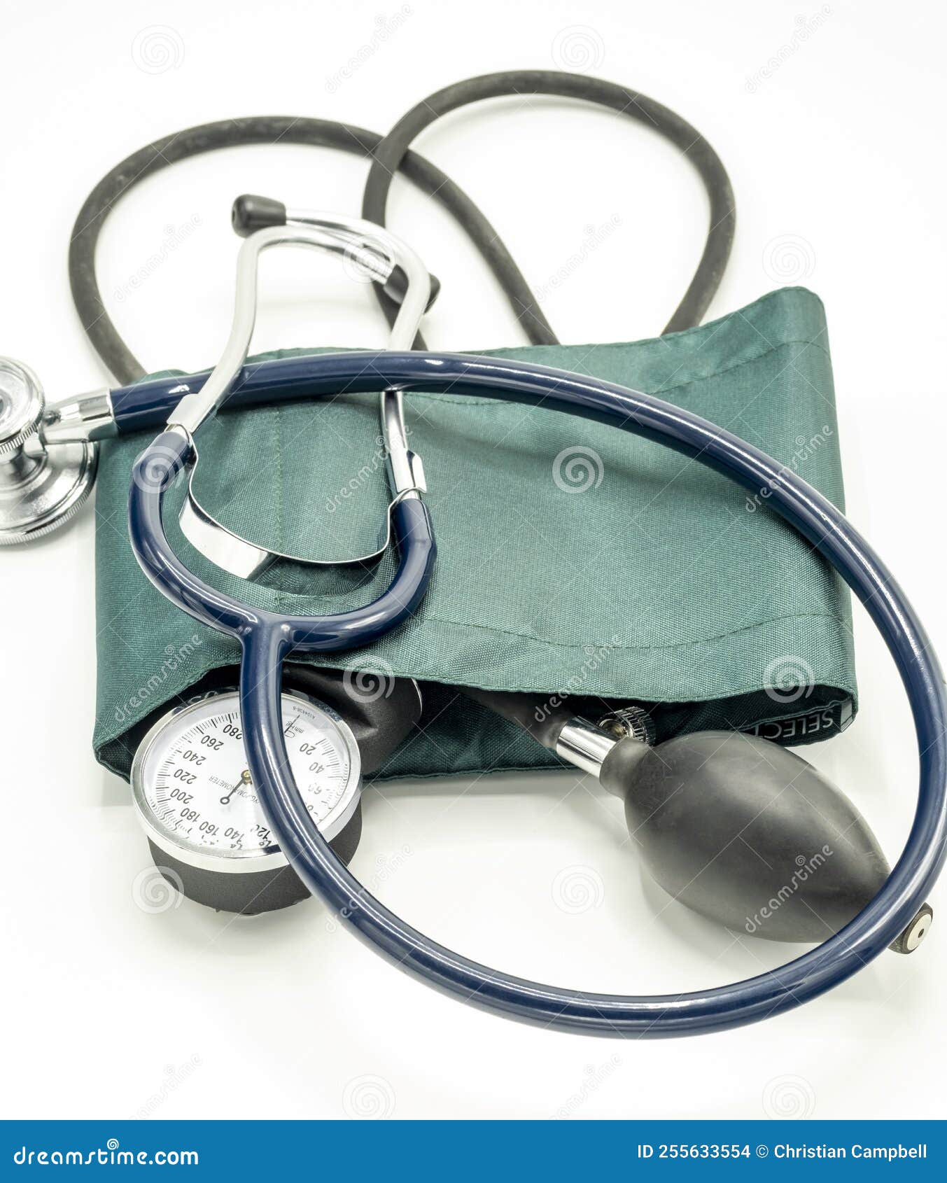 Blood Pressure Cuff and Stethoscope on White Surface Stock Photo