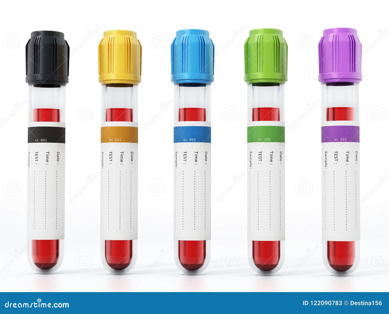 Blood Vials With Vibrant Colored Lids Standing On Medical Forms. 3D ...