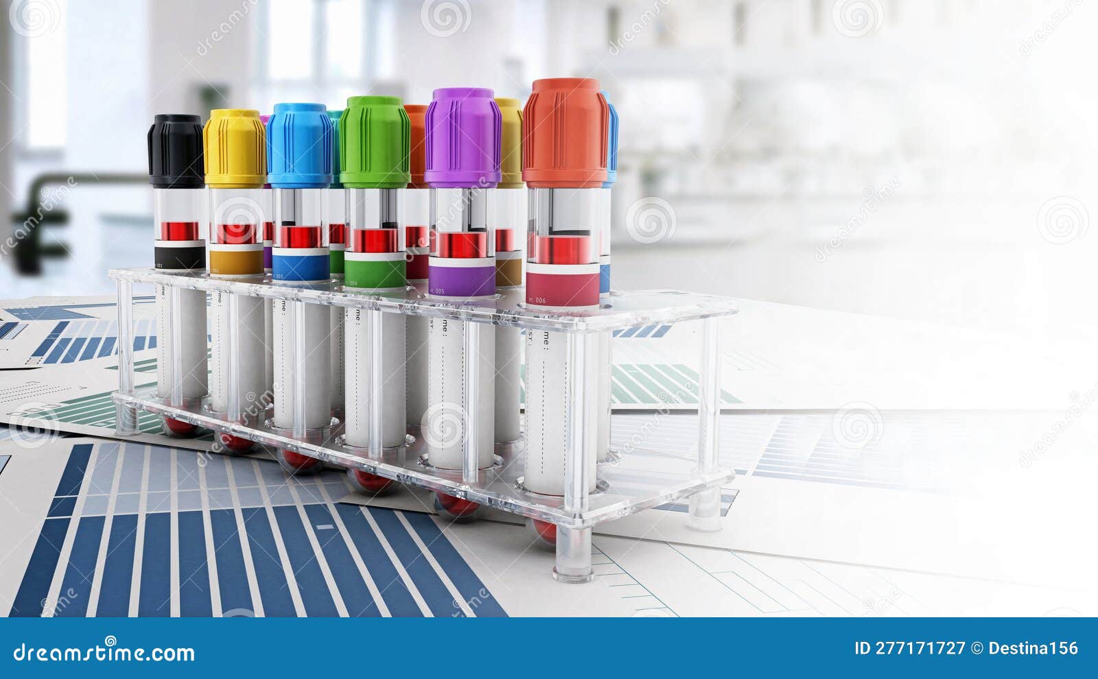 Blood Vials with Vibrant Colored Lids Standing on Medical Forms. 3D ...