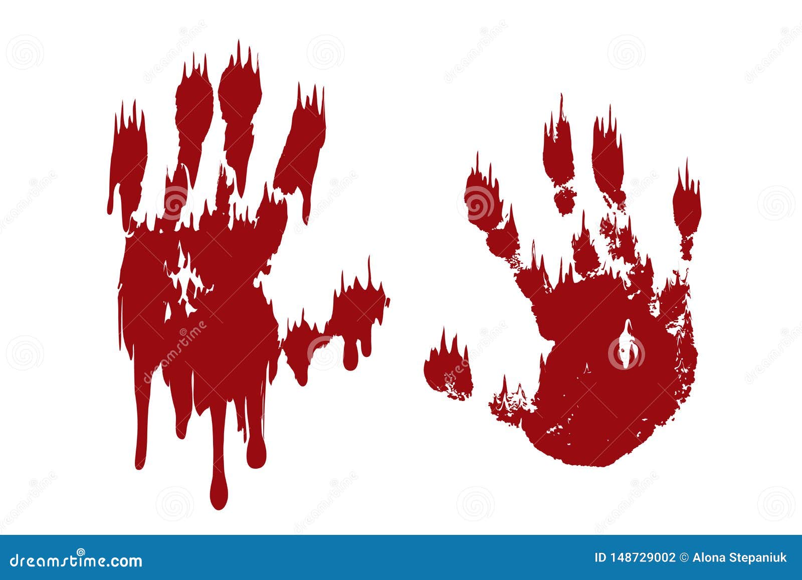 Bloody Hand Print Set Isolated White Background. Horror Scary Blood