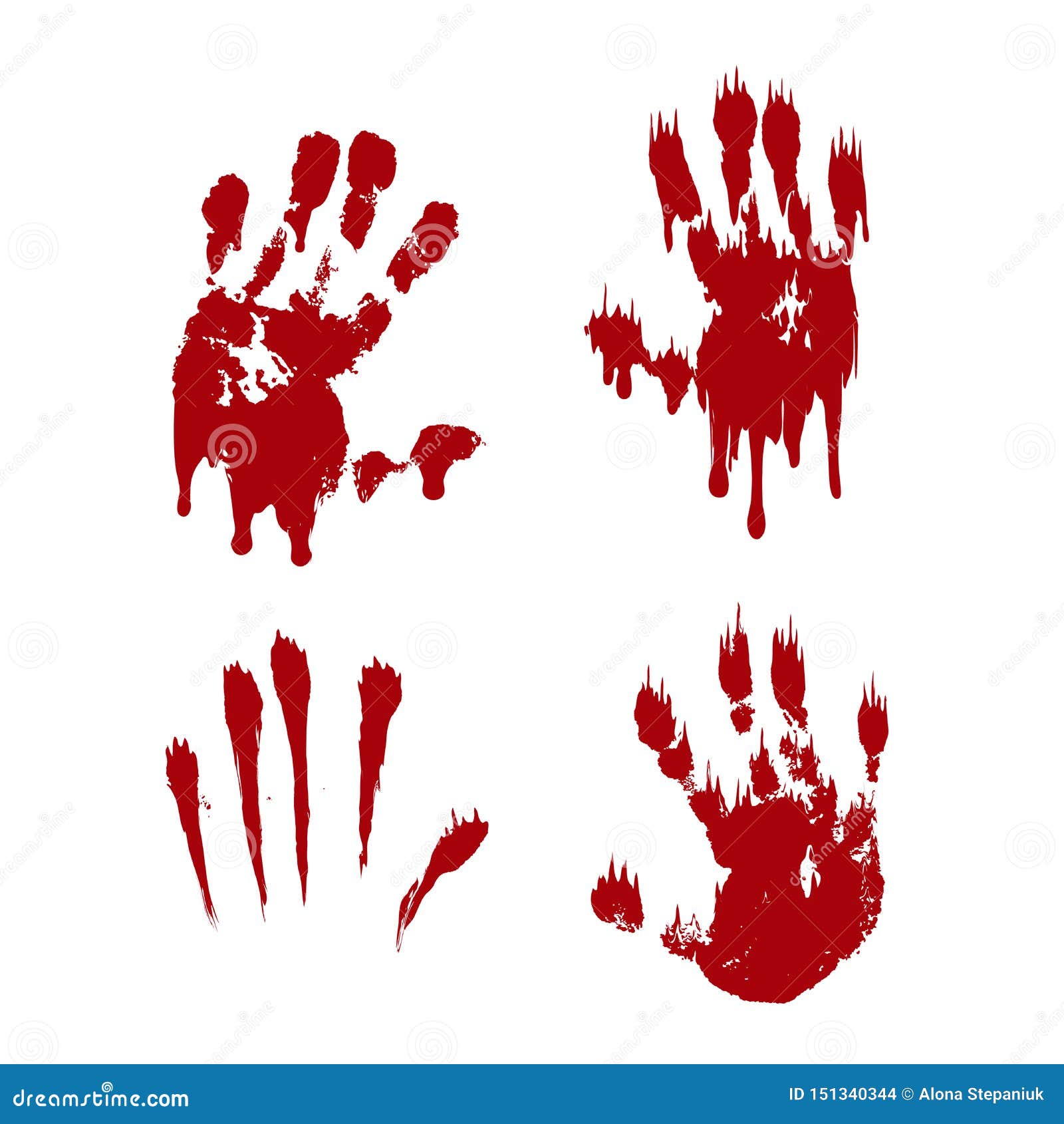 Bloody Hand Print Set Isolated White Background. Horror Scary Blood