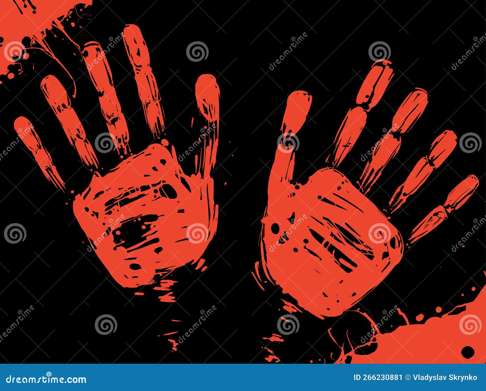 Bloody Handprints with Stains of Blood on a Black Background. Stock