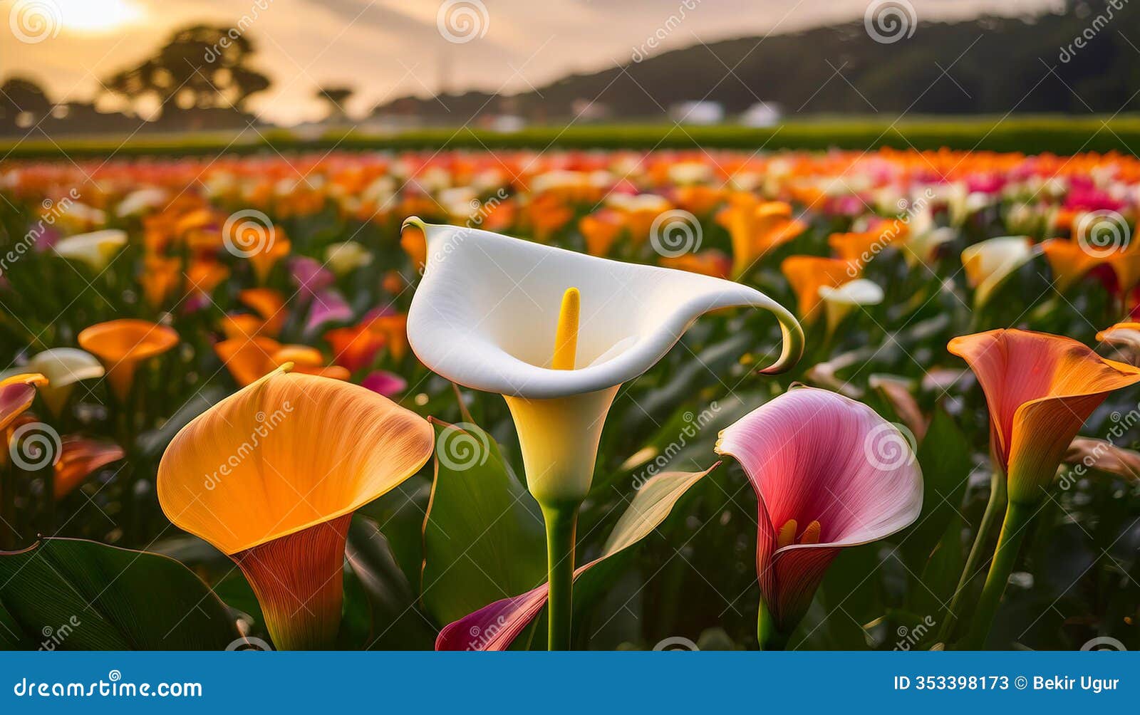 blooming beauty: calla lily in a field of vibrant colors.