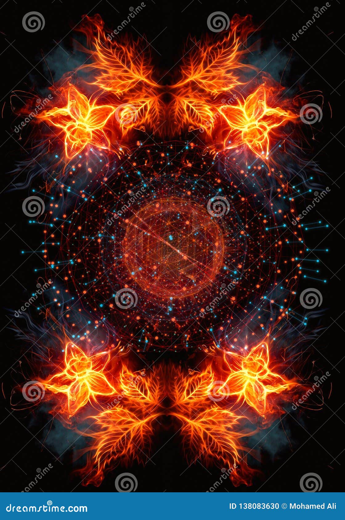 Blooming Roses From Fire And Flames Artwork On A Digital Dotted Network