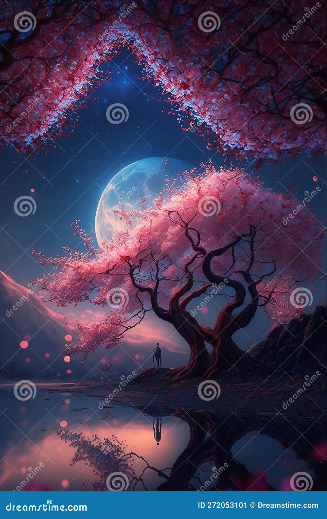 Blooming Sakura Tree at Night with Full Moon Stock Illustration