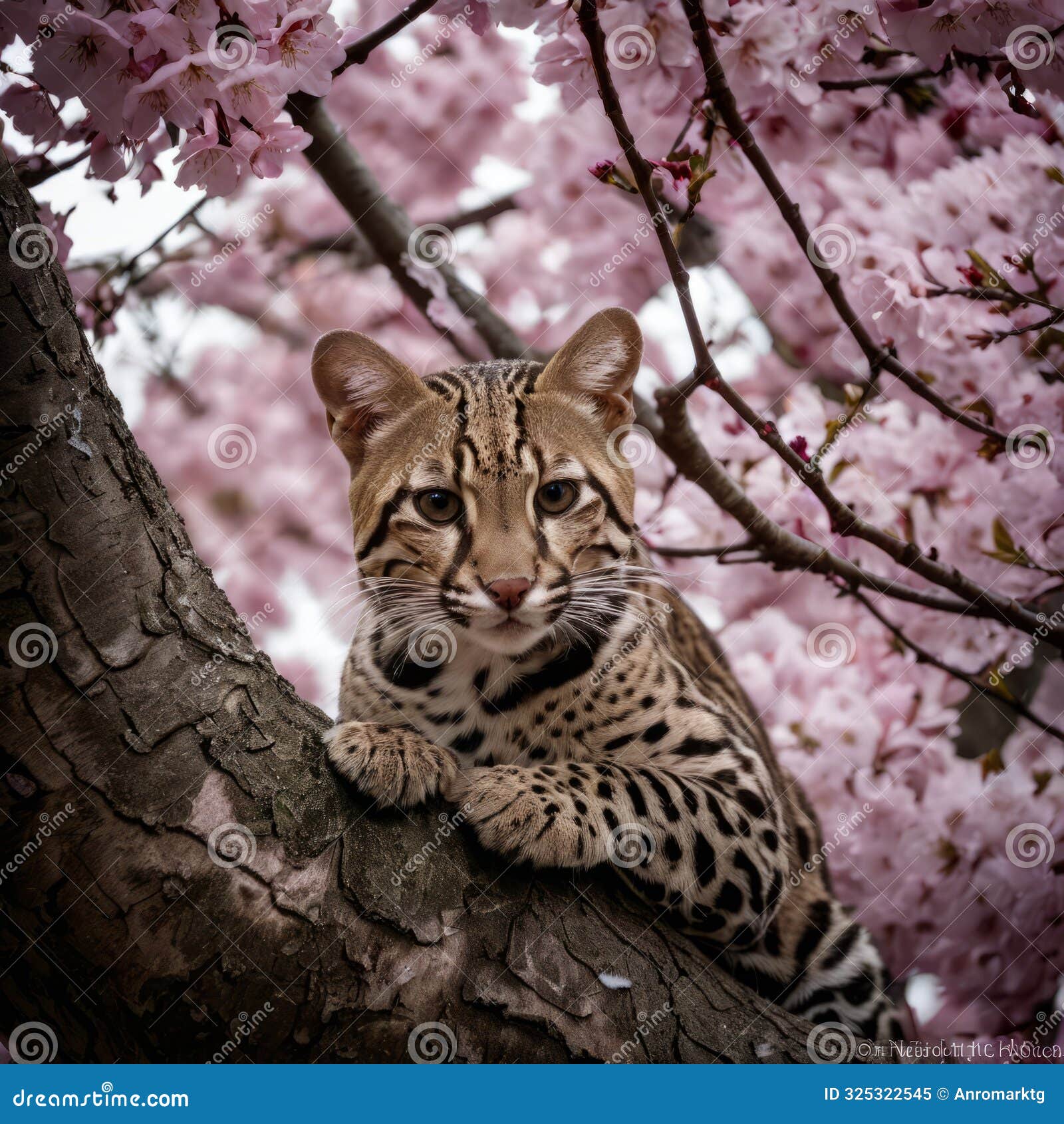 a cunaguaro (ocelot) hiding among the branches of a blooming cherry blossom tree the petals falling like snow