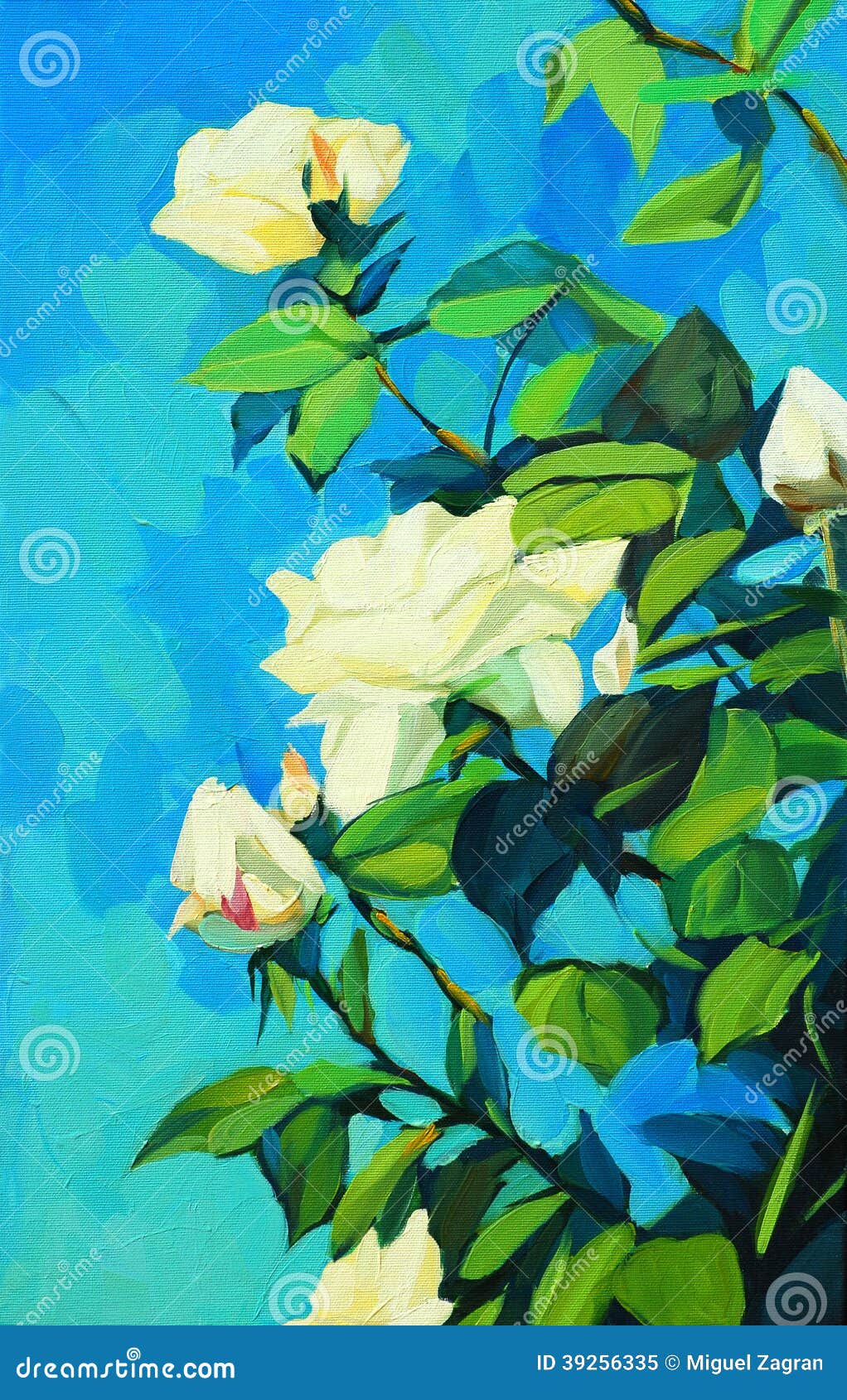 blossoming white roses, painting by oil on a canvas