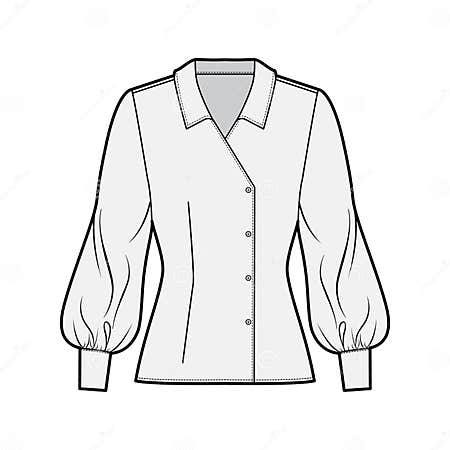 Blouse Technical Fashion Illustration with Regular Collar, Long Bishop ...