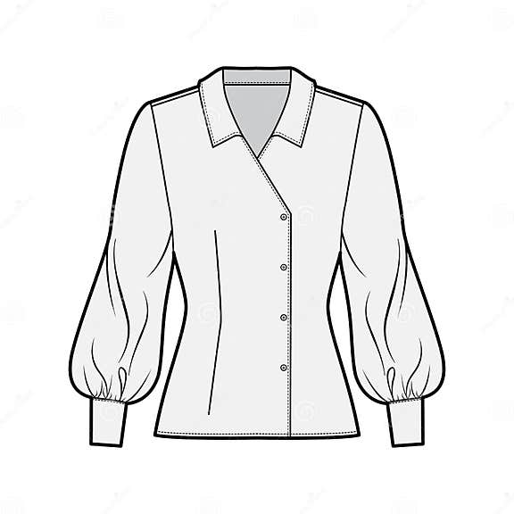 Blouse Technical Fashion Illustration with Regular Collar, Long Bishop ...