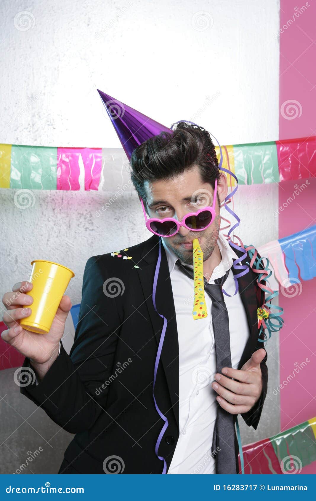 Blowing Noisemaker Suit Party Funny Young Man Stock Image Image of