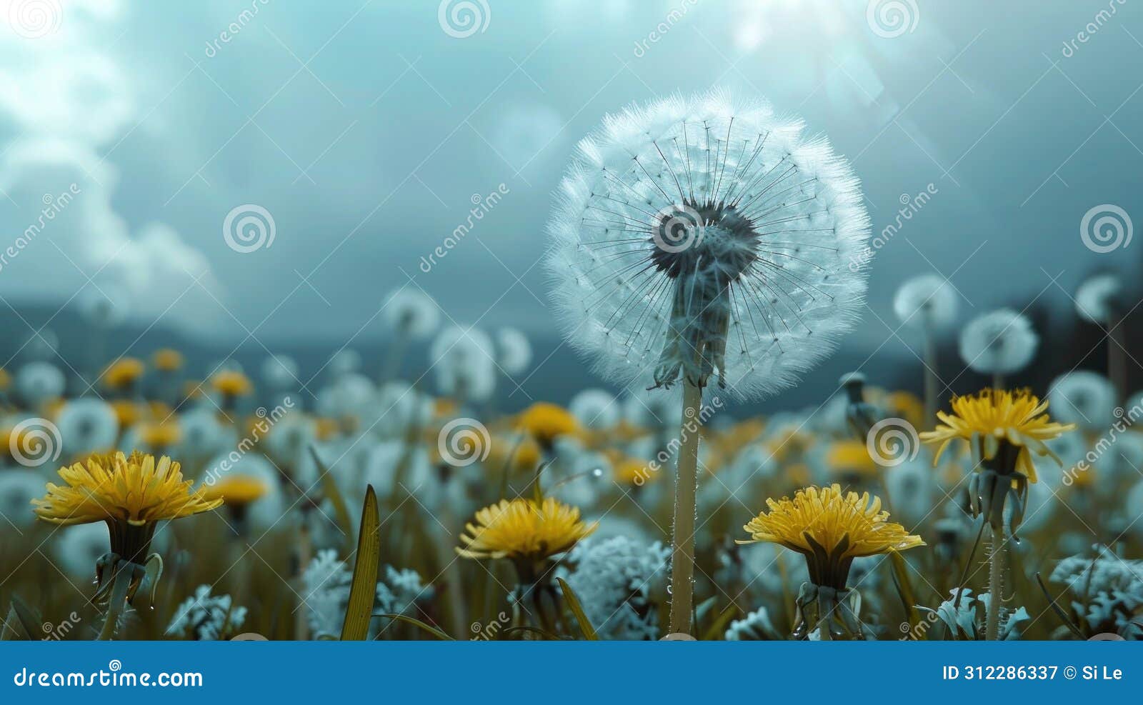 blowing in the wind: closeup of a dandelion in a field