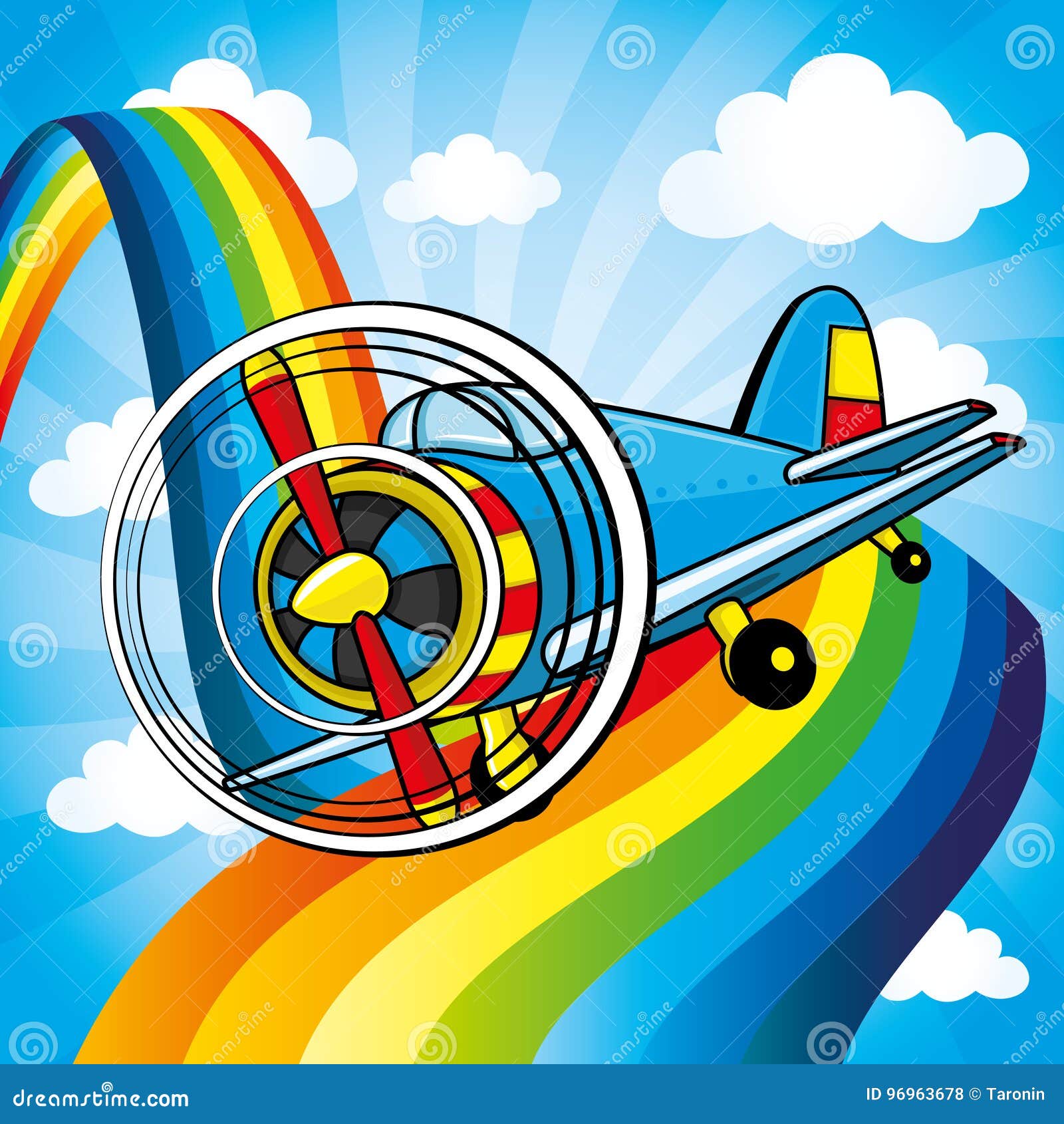 Blue airplane and rainbow. stock vector. Illustration of ribbon 96963678