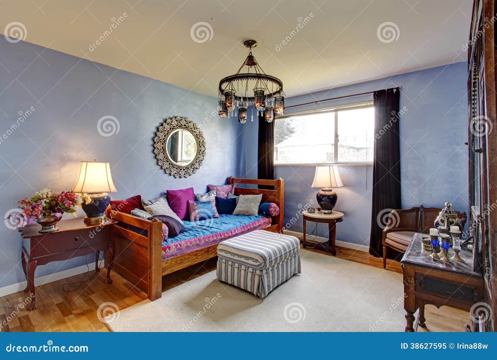 Blue Antique Furnished Bedroom Stock Image - Image of lavender ...
