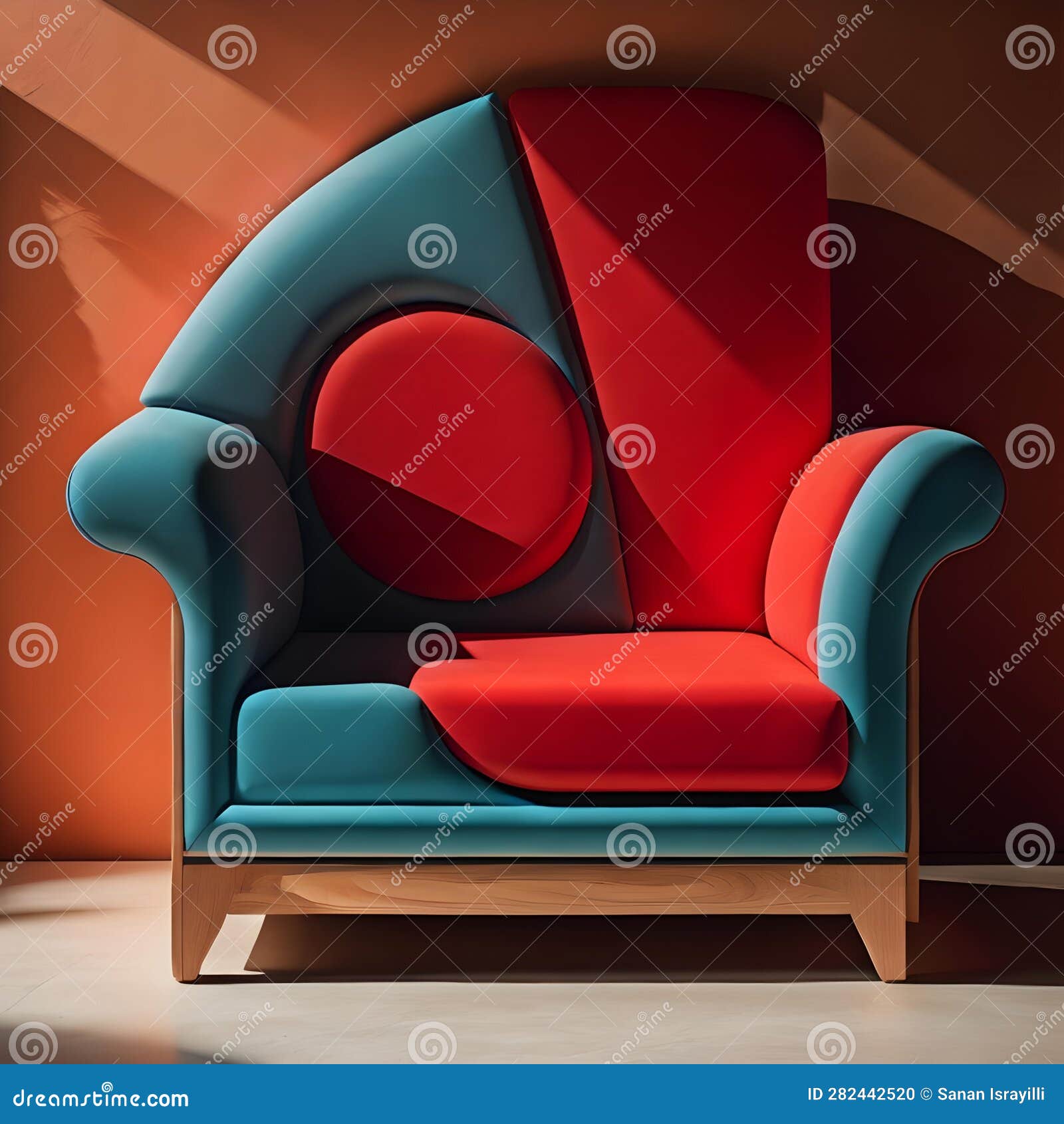 Blue Armchair in Modern Interior with Red Wall. Generative Ai Stock
