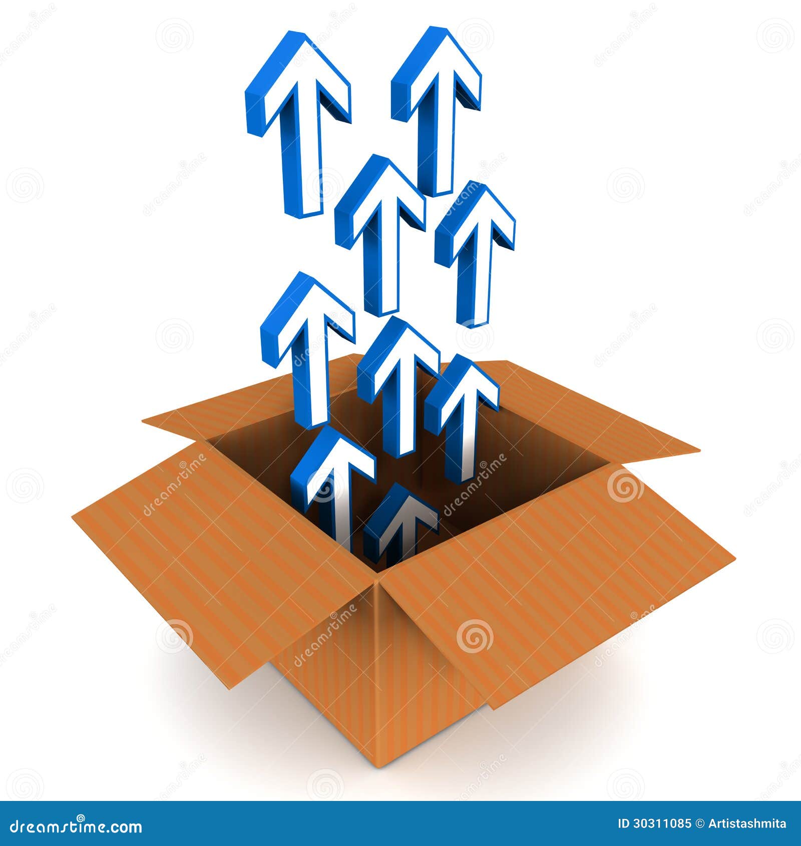 Blue arrows coming out of a cardboard box, concept of software ...