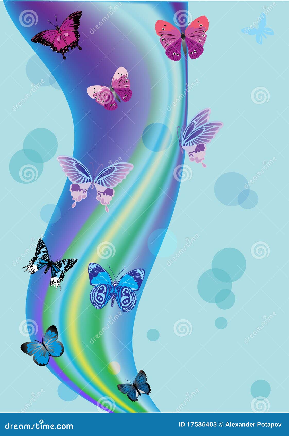 Blue Background with Butterflies and Circles Stock Vector