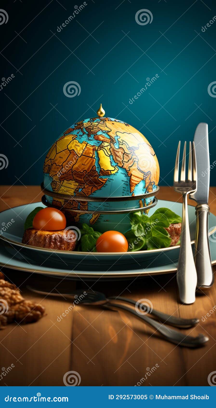 a blue background complements a plate featuring a globe and a fork