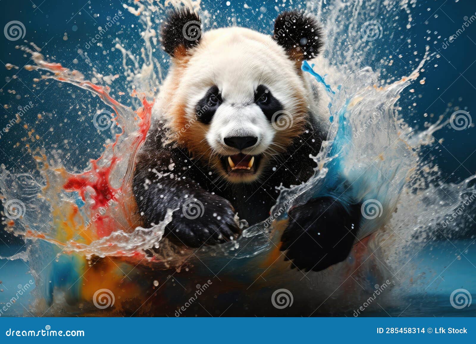 blue background image of panda playing in colorful splashing water