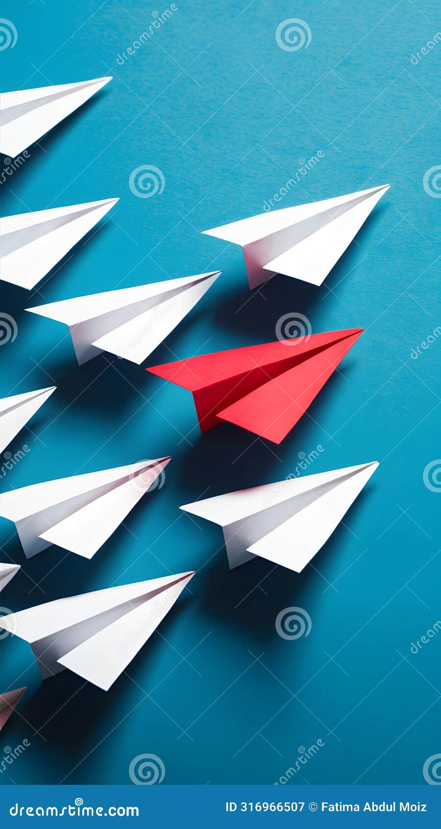 blue background, paper airplanes with red outlier, izing individuality and deviation