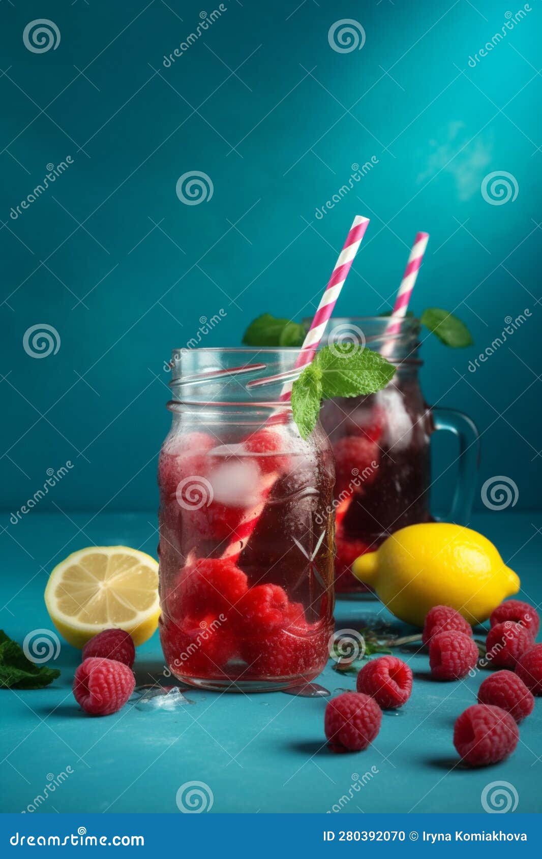 on a blue background raspberry mint lemonade fresh generated ai